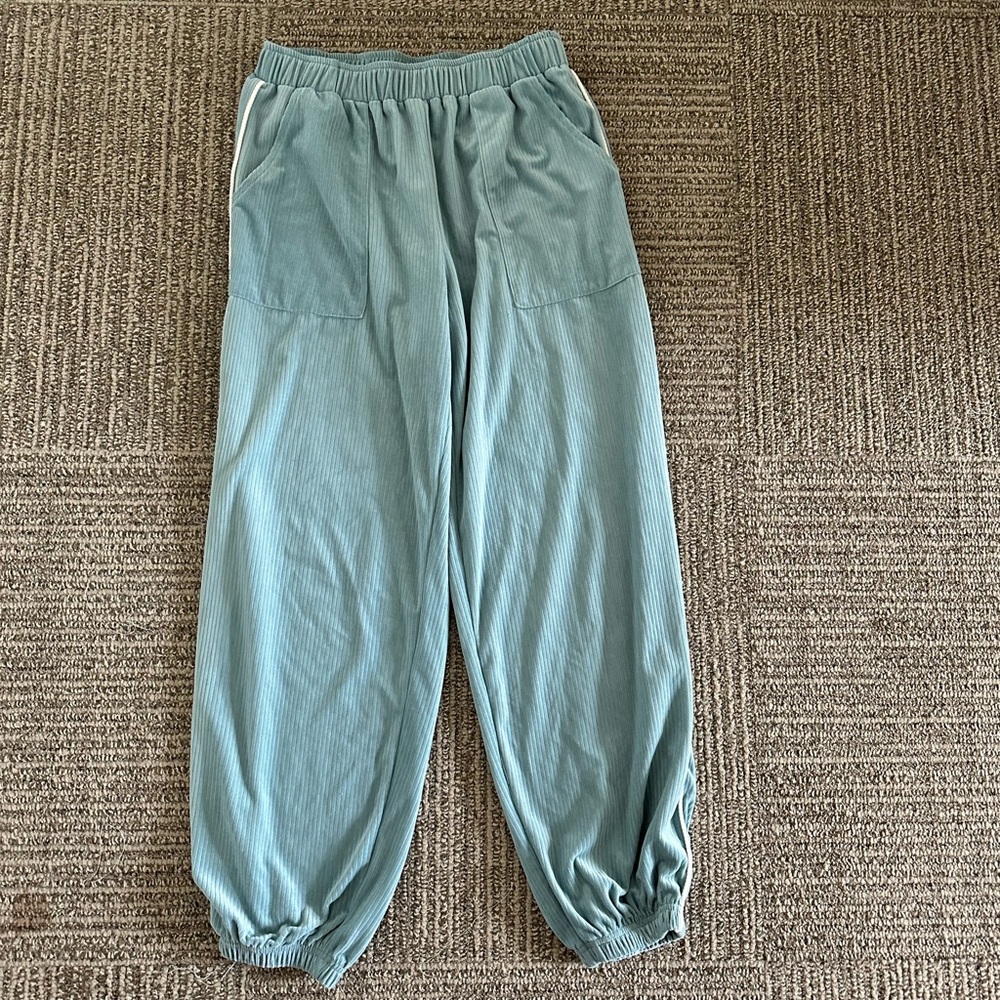 Blue Blush Velvet Joggers with White Pin Stripe from Mystique Boutique